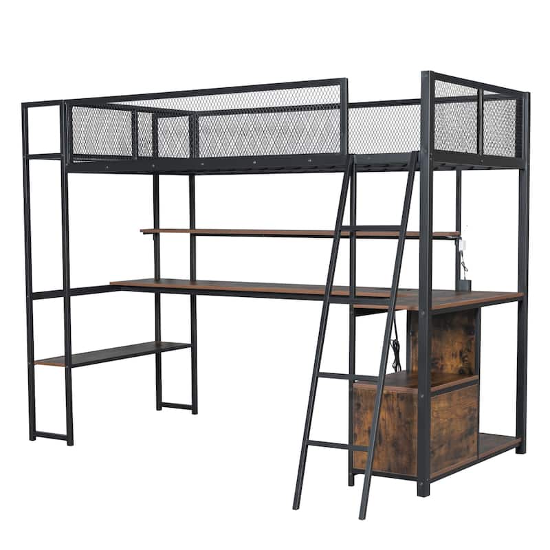 Metal Loft Bed Twin Size Bed Frame with Long Desk and Several Storage Shelves Under the Bed, Controllable LED & Charging Station