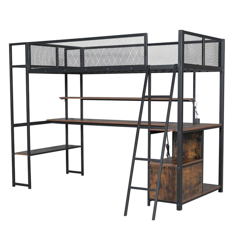 Twin Metal Loft Bed with Study Desk, Remote-Control LED Shelf Lighting, Charging Station & Ample Storage,Cabinets and Shelves