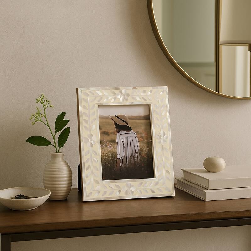 Wood Mother Of Pearl Inlay Vine Photo Frame - Ivory - 9.0"