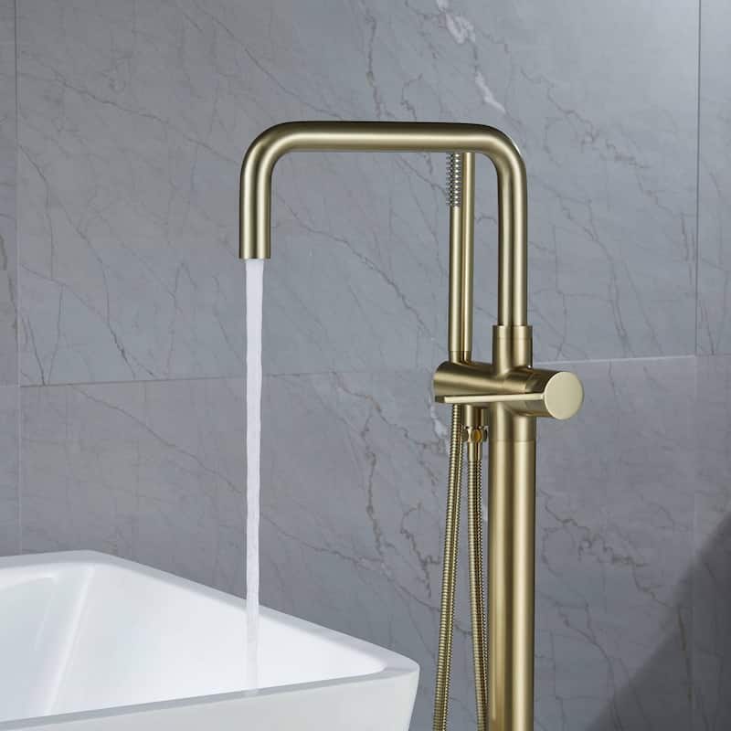 Free Standing Tub Faucet With Hand Shower Floor Mount Tub Faucets Brushed Gold Bathtub Filler Single Handle Modern Bathroom Taps