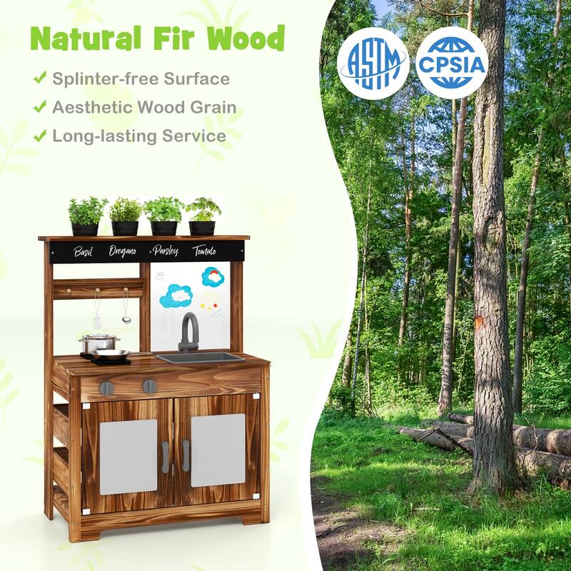 Brown Fir Wood Outdoor Play Kitchen with Sink, Pots, Blackboard and DIY Board - 27" L × 14" W × 38" H