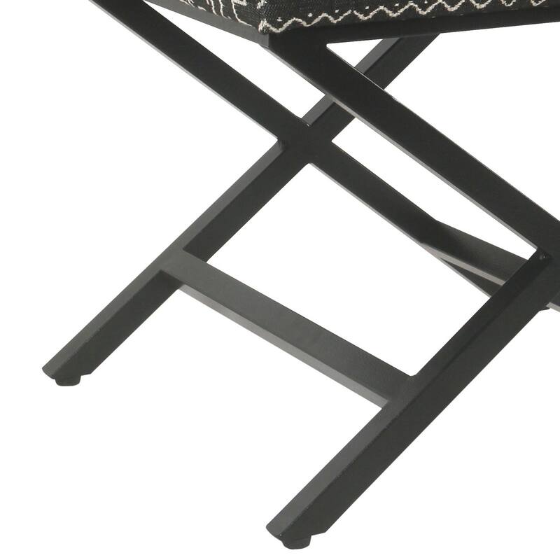 Tribal Pattern Fabric Upholstered Ottoman with X Shape Metal Legs, Black and Cream
