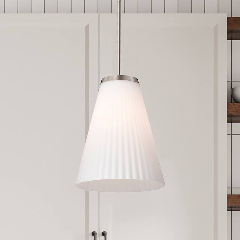 Royale Large Pendant Brushed Nickel Finish Ribbed White Glass - Brushed Nickel