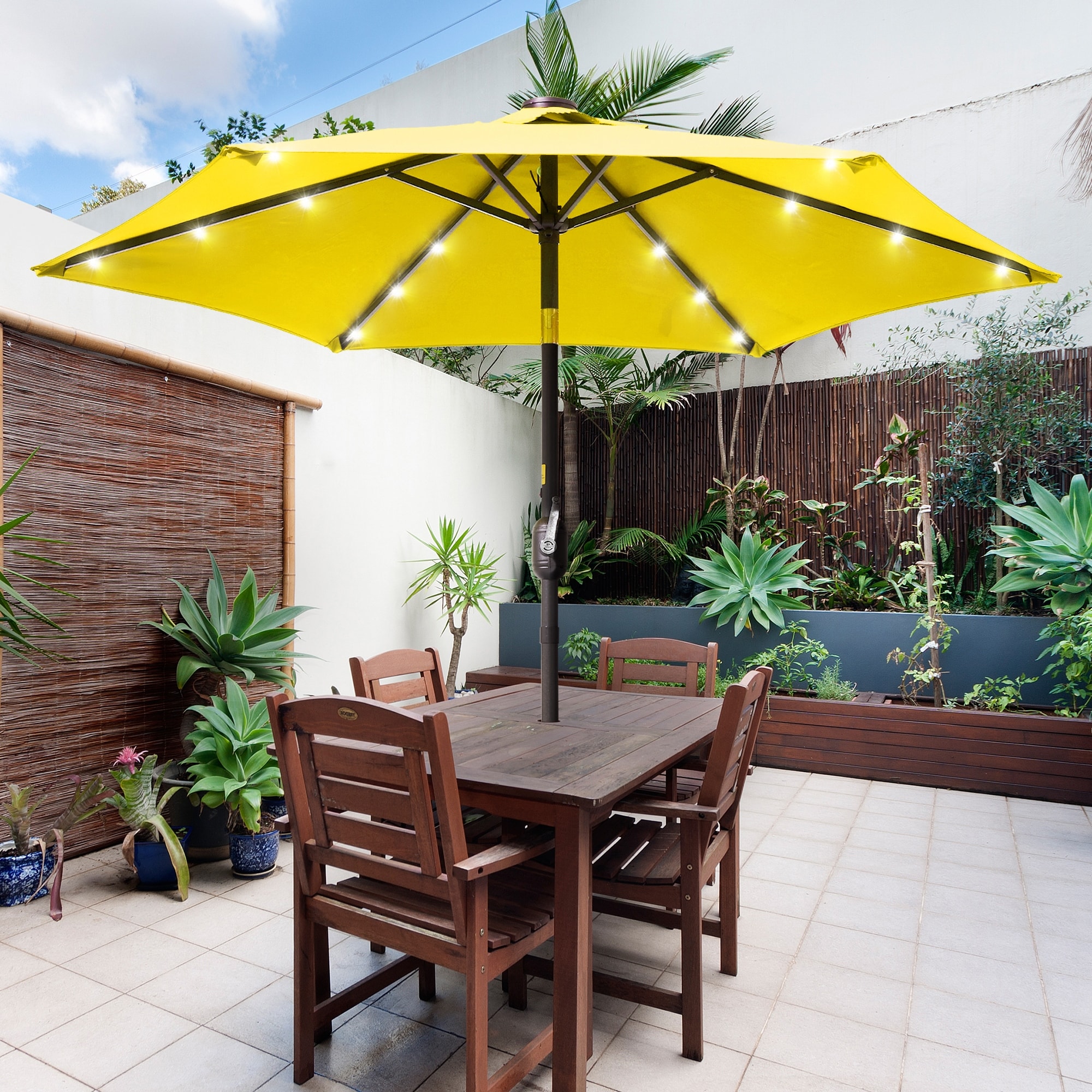 7.5 ft yellow patio umbrella AMMSUN 7.5ft Commercial Grade Beach Umbrella,Yellow Stripes this umbrella offers excellent value while casting its shady pleasure BONOSUKI 7.5ft LED Patio Umbrella