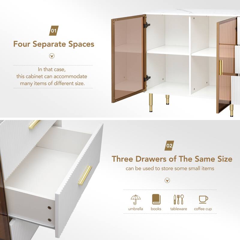 Luxury Storage Cabinet with Marble Finish, Gold Legs & Tempered Glass Doors for Modern Living Spaces