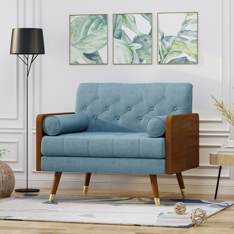 Tufted Back Club Chair Upholstered Reading Chair w/ Arms, Wood Legs - Blue