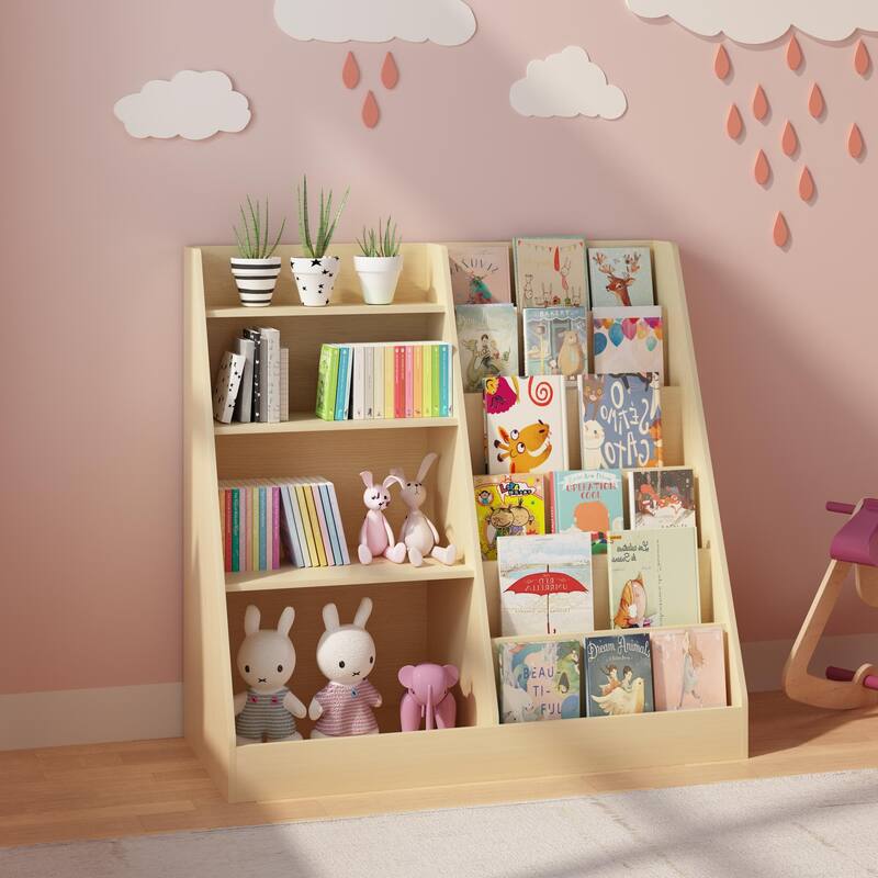 Kids Bookshelf and Toy Storage Organizer, Multifunctional 4 Tier Wooden Kids Book Shelf with Bookcase Display Stand