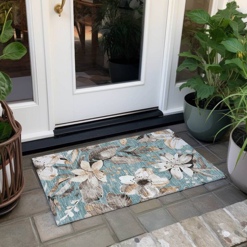 Machine Washable Indoor/ Outdoor Floral Chantille Rug - Teal - 1'8" x 2'6"