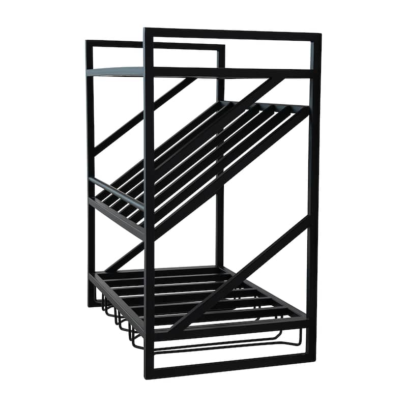Metal and Mango Wood Wall Shelf with Bottle and Stemmed Glass Holders - 21.25"L x 12.25"W x 23.0"H