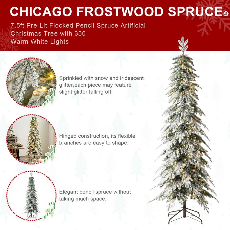 Glitzhome Pre-Lit Flocked Pencil Spruce Artificial Christmas Tree with Warm White Lights