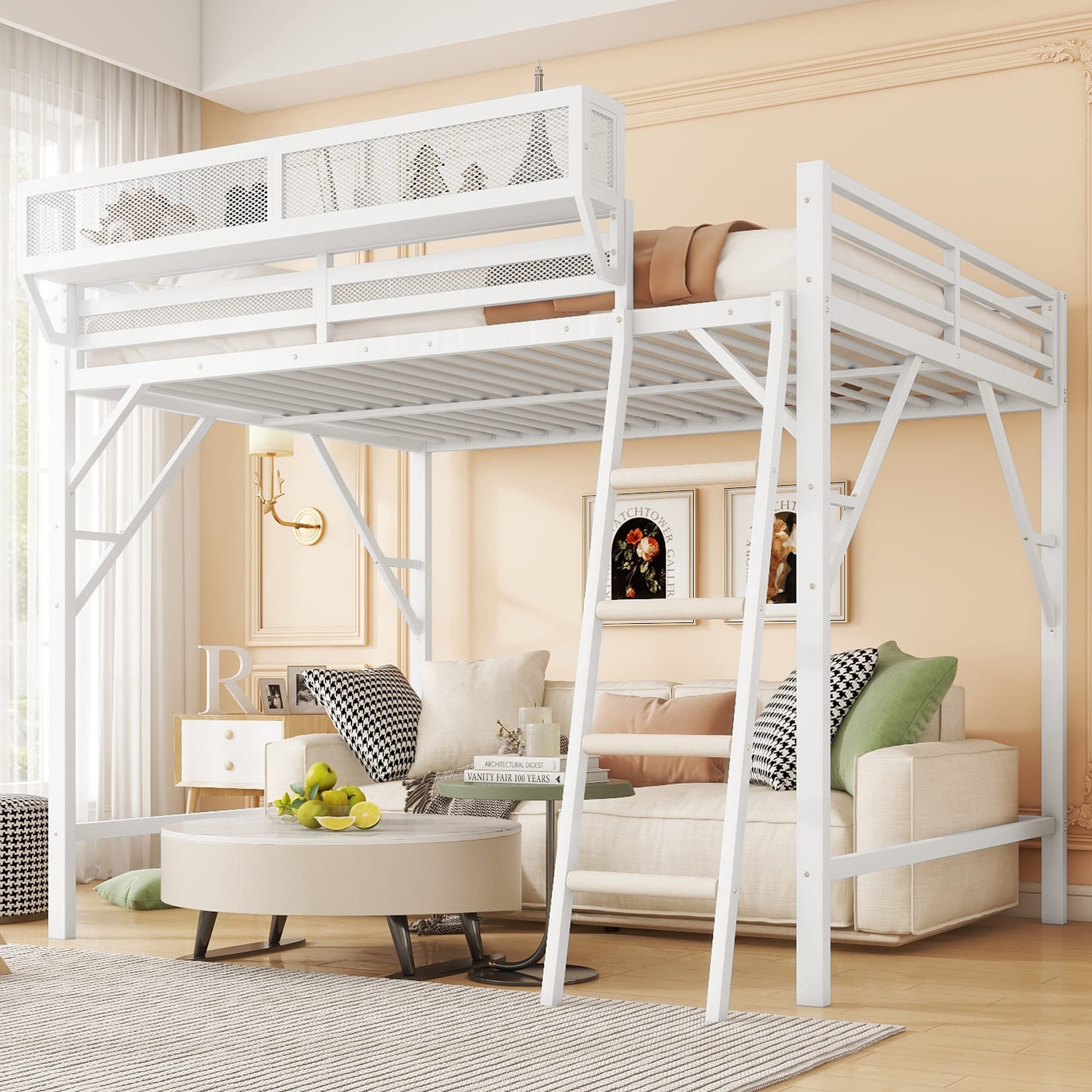 Full Size Metal Loft Bed with Ladder and Storage Shelves