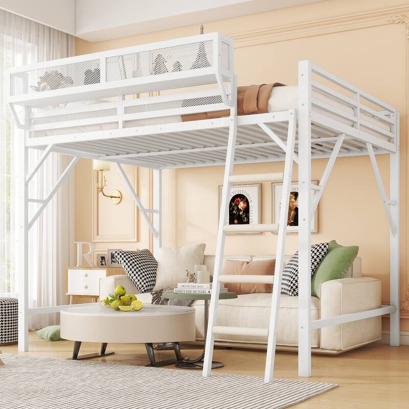 Heavy Duty Metal Loft Bed Frame with Guardrails and Storage Shelves