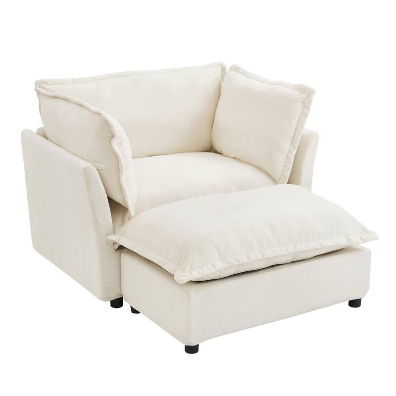 Chenille Modern Armchair Sofa with Movable Ottoman, Wide Seat, Curved Armrests, and Removable Cushions