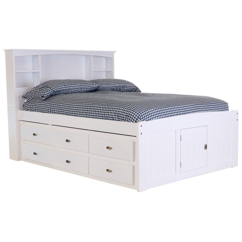 Full Size Bookcase Bed with Drawers - Solid Pine Bed Frame - Under Bed Storage - Casual White Finish