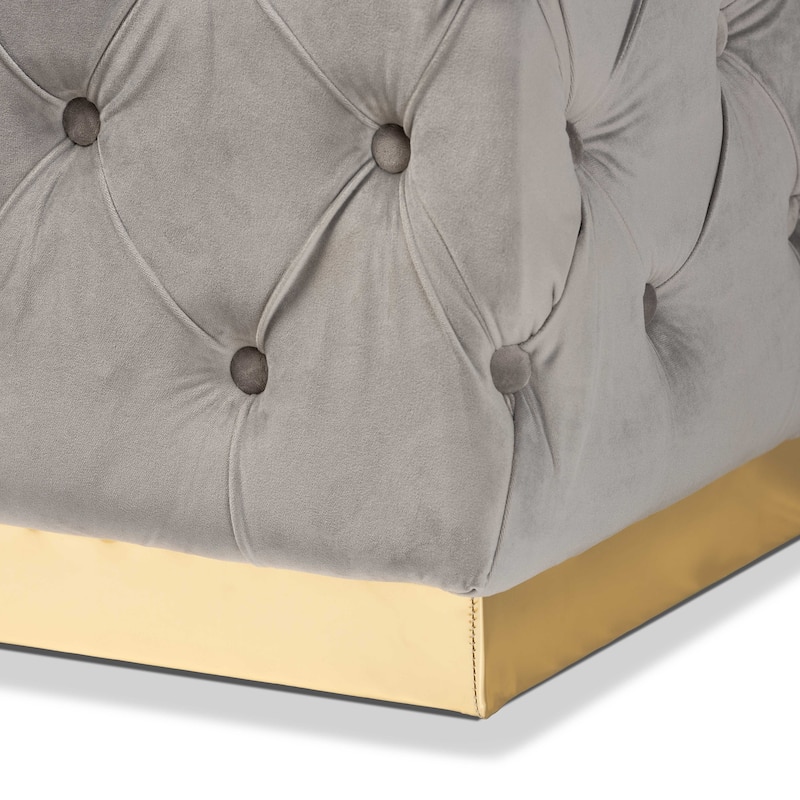 Corrine Glam and Luxe Velvet Fabric and Gold PU Leather Ottoman