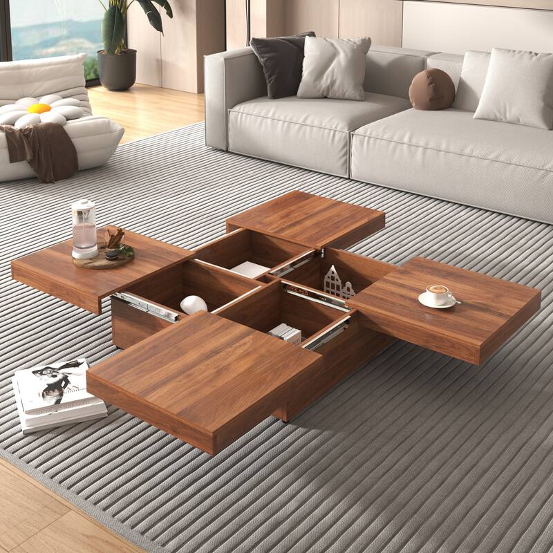 Modern Square Extendable Coffee Table with Sliding Top, Cocktail Table Center Table with 4 Hidden Storage Compartments for Home