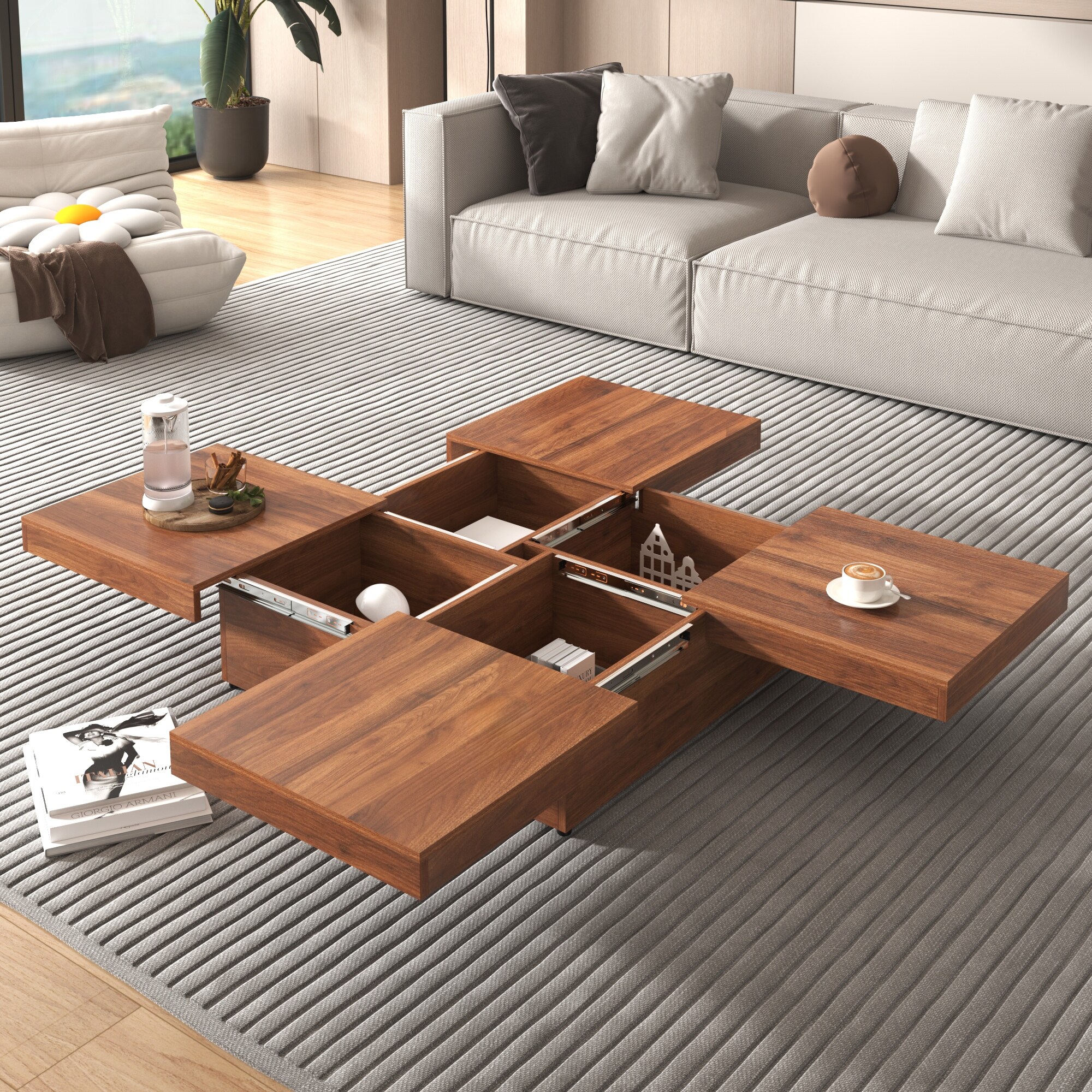 Marble or Wood Grain Veneer Top Square Coffee Table with