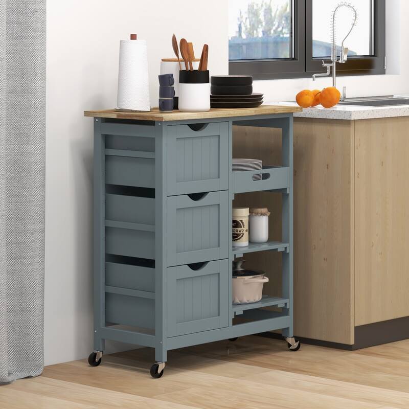 Kitchen Island Cart Rolling with Solid Wood Top, 3 Drawers, 3 Removable Shelves, Serving Utility Carts for Dining Room