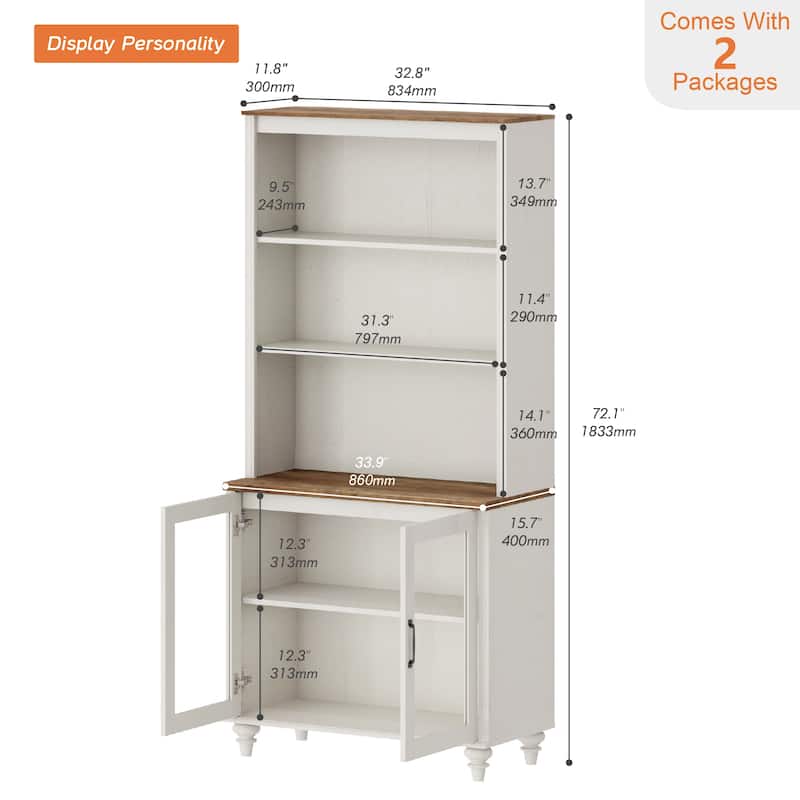 White Bookcase with Doors, Large Wood Farmhouse Book Case Shelf