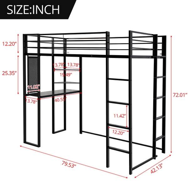Twin Size Metal Loft Bed with Integrated Desk and Dual Ladders, Safety Guardrails