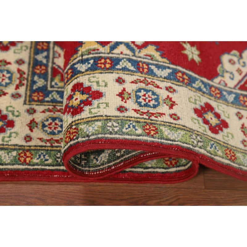 Red Geometric Kazak Foyer Rug Handmade Traditional Wool Carpet - 2'10" x 4'1"
