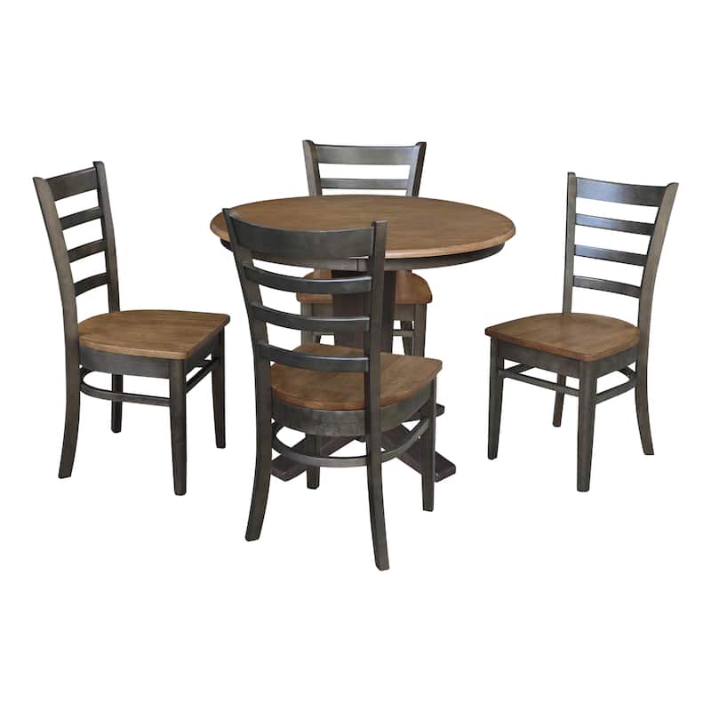 36 in Solid Wood Round Top Pedestal Dining Table with 4 Dining Chairs - Hickory/Washed Coal