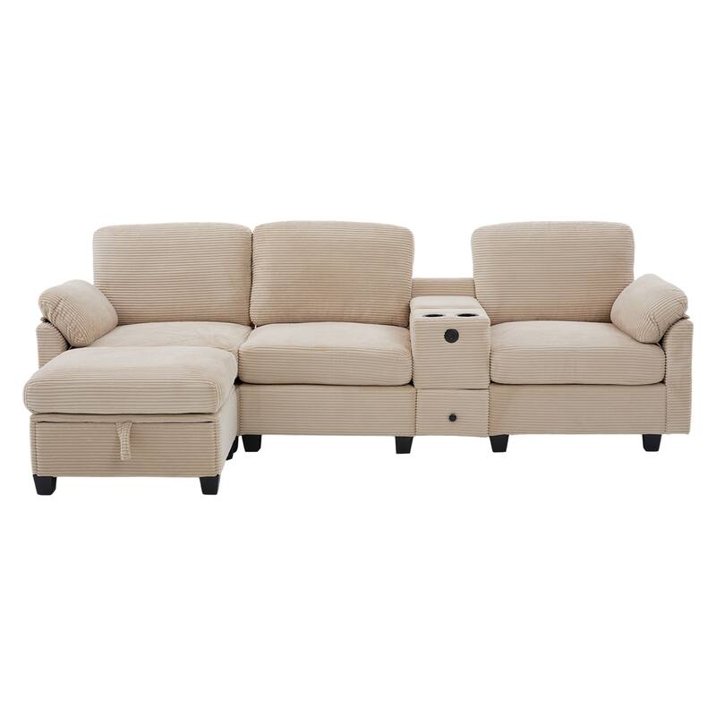 HOMEFUN Corduroy Upholstered L-Shaped 4-seater Storage Multifunctional Sectional Sofa with Storage Ottoman,Cup Holder and USB