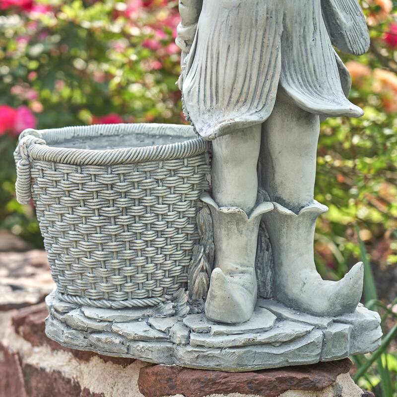 30" Tall Magnesium Fair Garden Statue with Basket Antique White