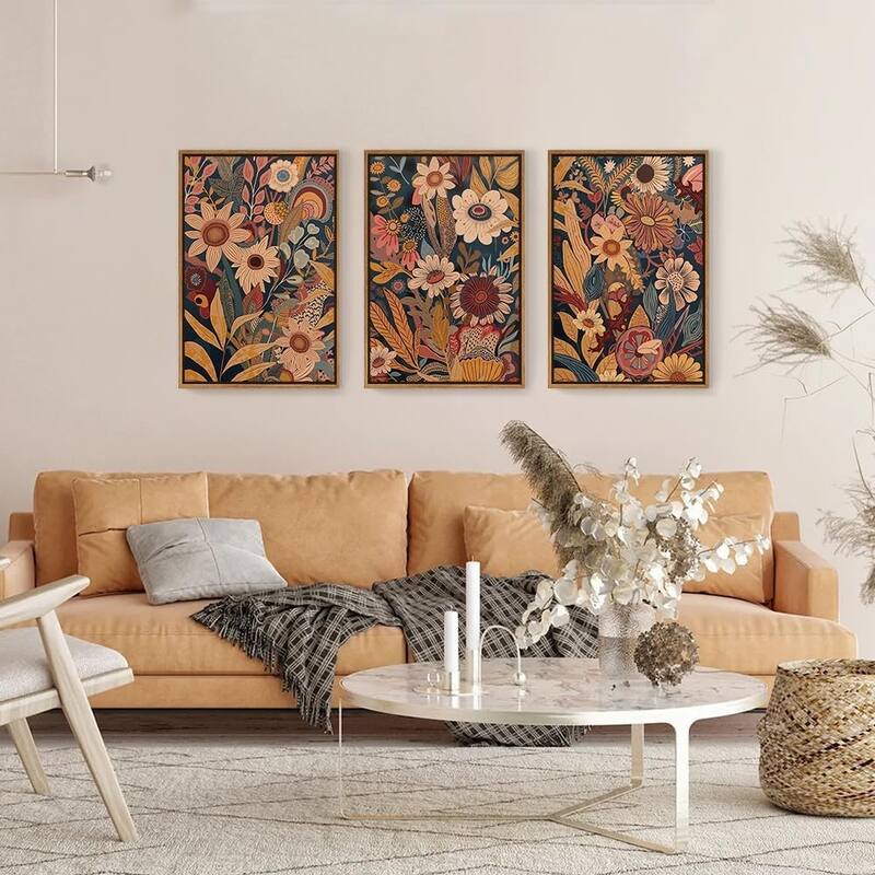 Boho Floral Blossom Framed Canvas Wall Art Set