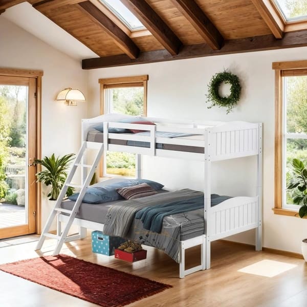 slide 2 of 34, Twin over Full Bunk Bed with Camelback Headboard & Guardrails, White