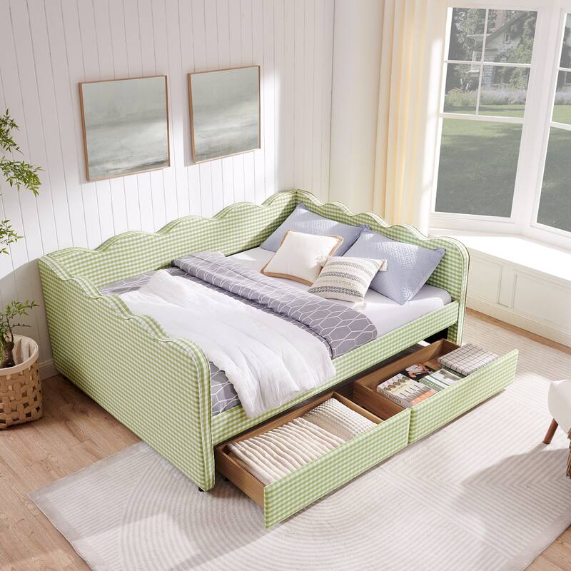 Full/Queen Gingham Daybed with 2 Storage Drawers, USB Port & Wave Shaped Linen Fabric - Green - Queen