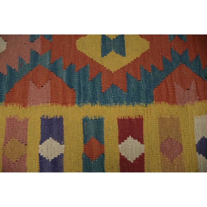 Hand Woven Oriental 100% Wool Carpet Southwestern Geometric Navy Blue & Blues Kilim Runner Rug - 12' 9'' X 3' 6''