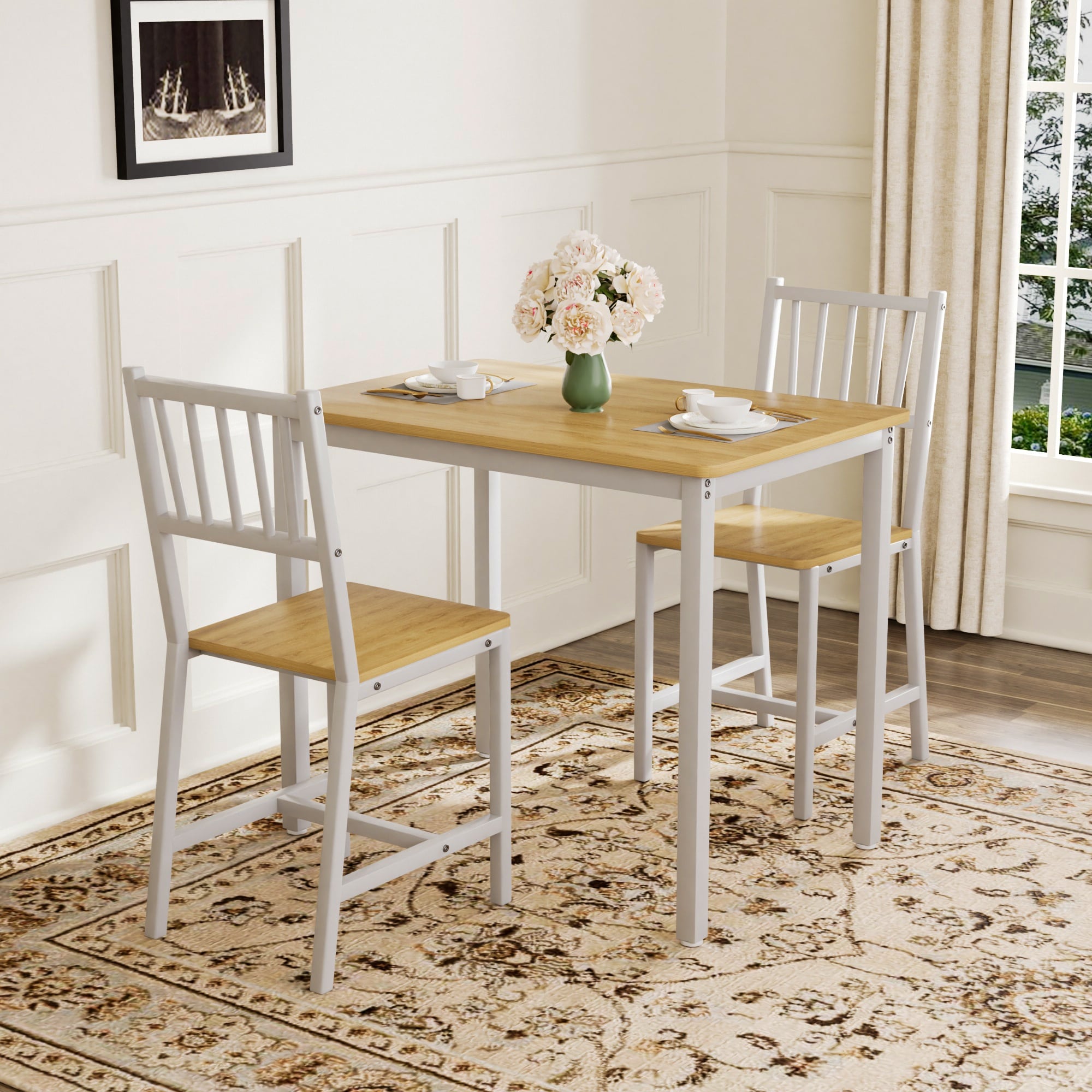 White Natural Bar Table Set with 2 Dining chairs & Rectangular Table