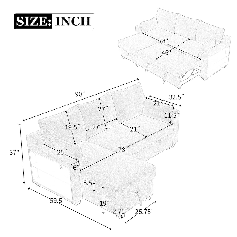 Pull Out Sleeper Sofa L-Shaped Couch Convertible Sofa Bed,Storage Chaise, Storage Racks,USB,Light Grey