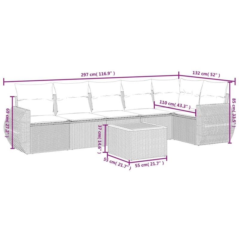 vidaXL Patio Sofa Set with Cushions Outdoor Furniture 7 Piece Poly Rattan - 21.7 x 21.7 x 14.6