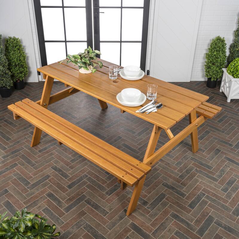 Shoreham 55" Modern Classic Outdoor Wood Picnic Table Benches with Umbrella Hole