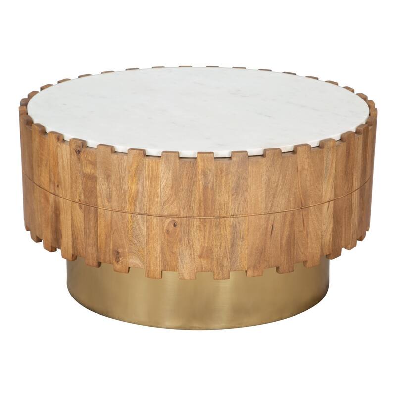 HomeRoots 31" Gold Natural And White Iron Wood And Faux Marble Round Block Coffee Table - 31 in. x 16.1 in. x 31 in.