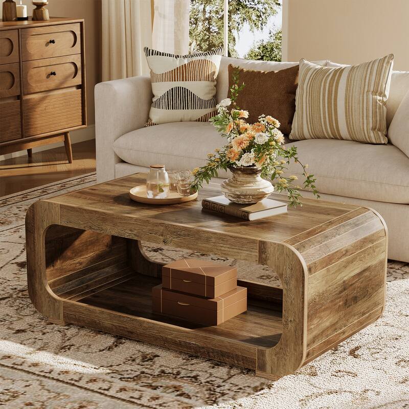 47" Rustic Curved Wood Coffee Table with Open Shelf, 2-Tier Rectangular Center Table for Living Room