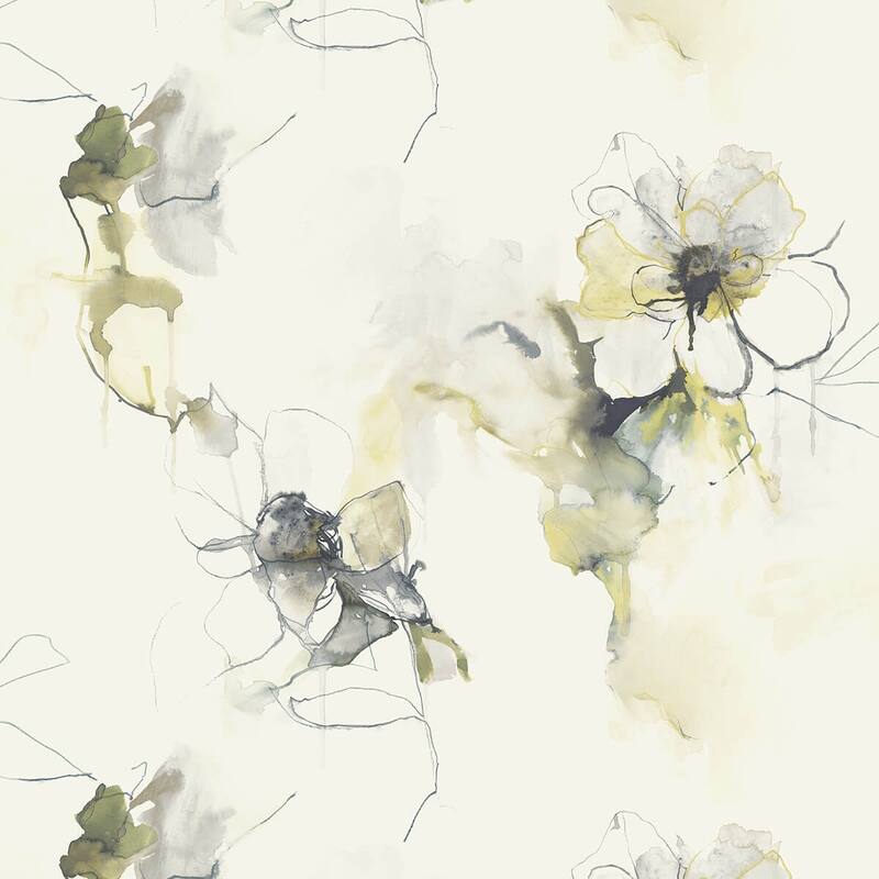 Seabrook Designs Anemone Watercolor Floral Unpasted Wallpaper - 27 in. W x 27 ft. L - Dark Ash and Canary