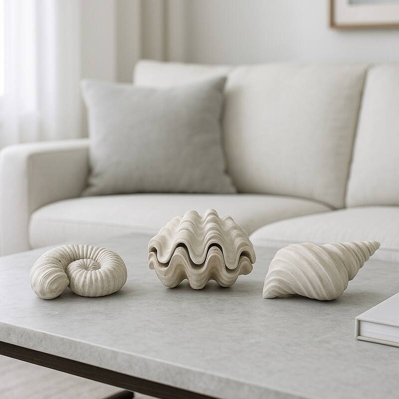Polyresin Sculpture Coastal Shell Design (Set of 3) - 5/3" Ivory - 6.25" x 4.5" x 4.75"