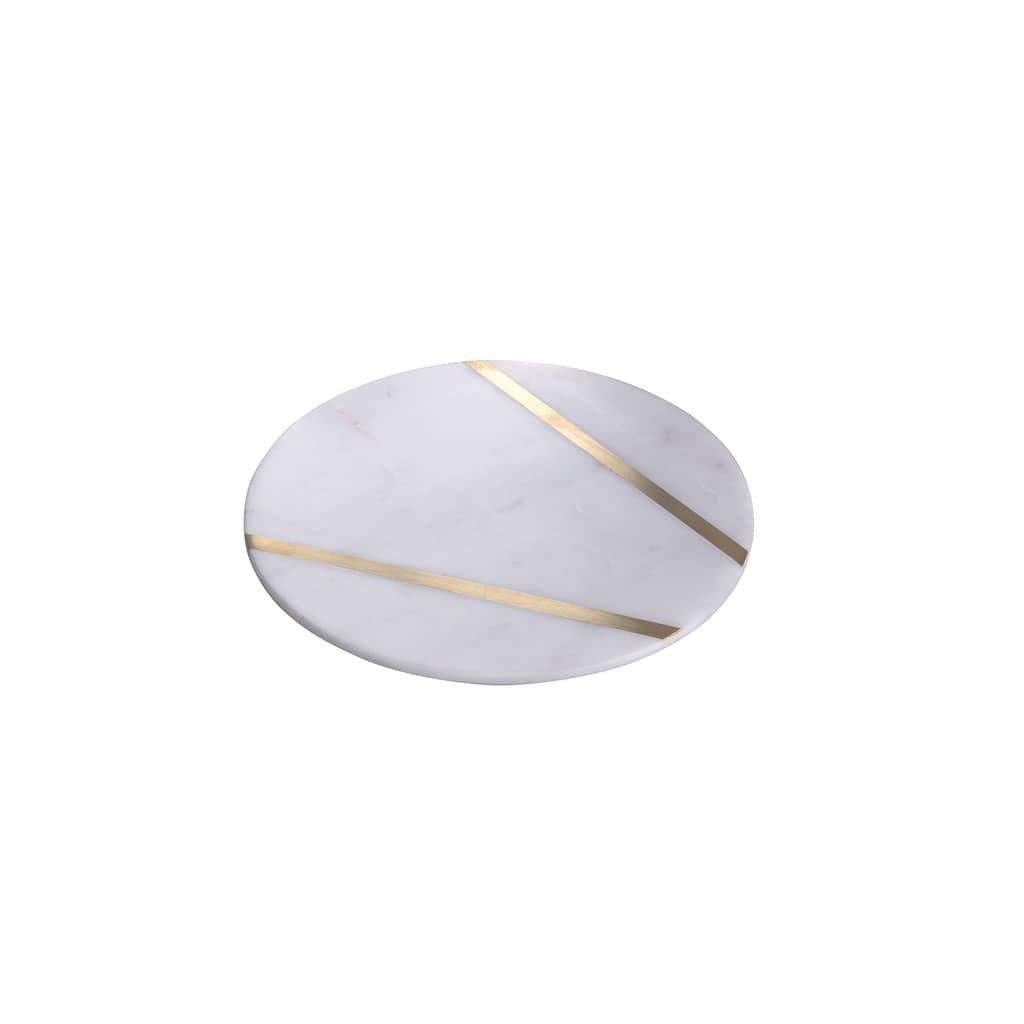 Sm. Marble Plate W/BRASS Inlay. White Marble -ST - WHITE