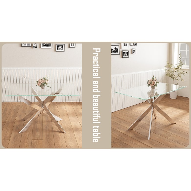 47.2-inch modern minimalist tempered glass coffee table, metal leg rectangular dining table, transparent glass dining table