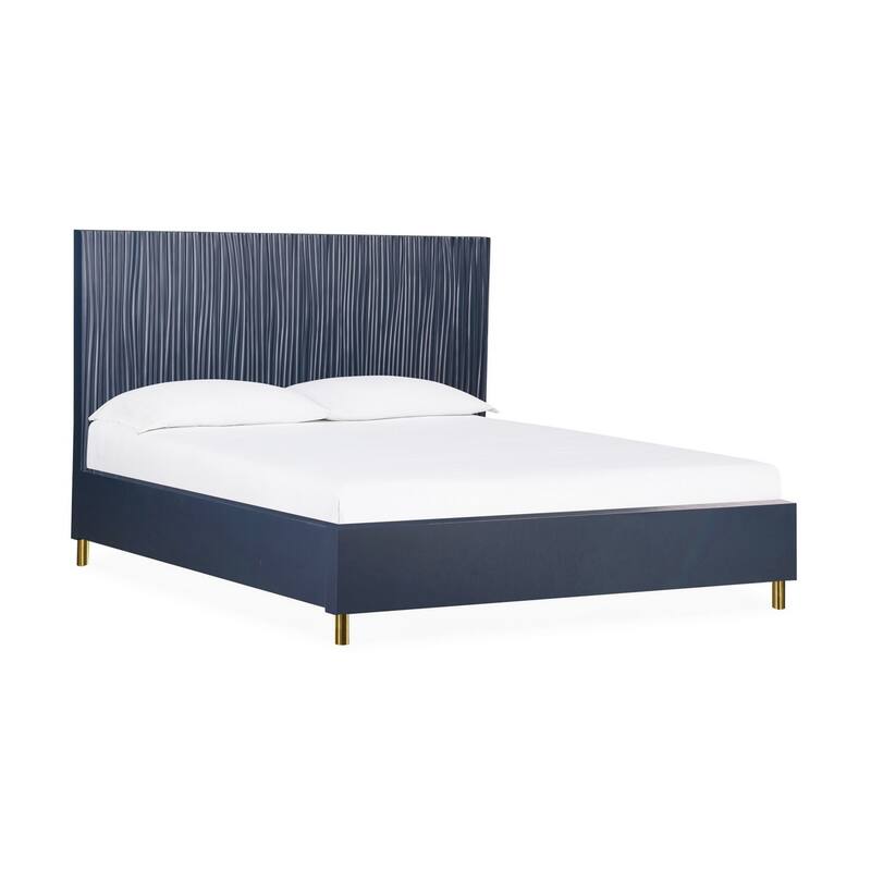 Herst Modern California King Bed, Brass Metal Legs, Wavy Texture Navy Blue