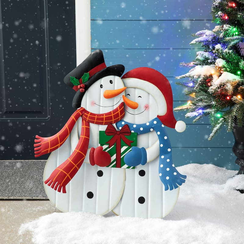 Glitzhome Christmas Metal JOY & NOEL Ornament Snowman Yard Stakes Hanging Decor - 42"H