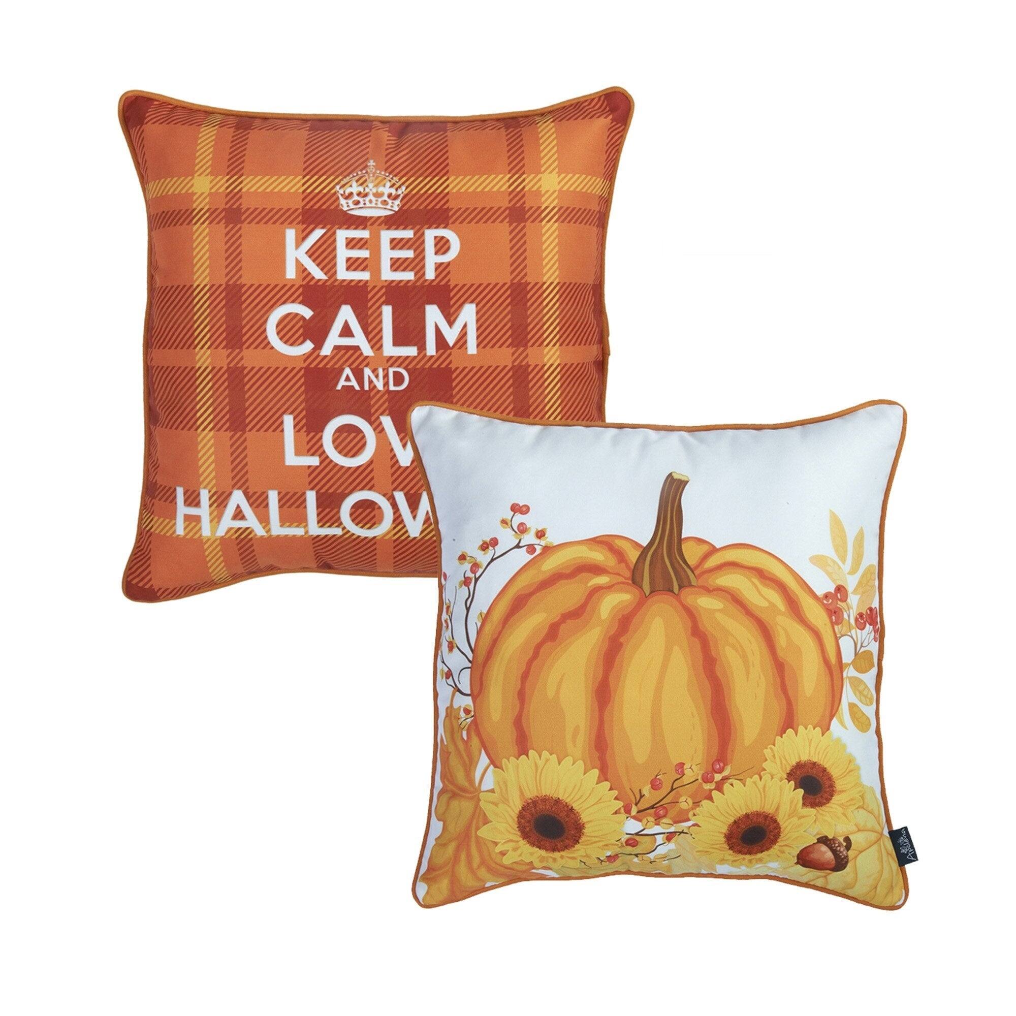 Fall Decorative Throw Pillow Halloween Quote Plaid & Pumpkin Set of 2