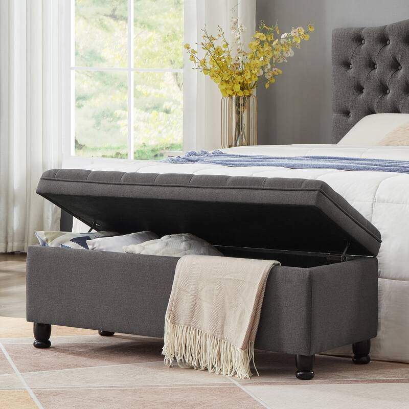Bedroom End of Bed Bench with Spindle Wood Legs, Upholstered Decorative Stool Elegant Storage Bench with Flipping Lid
