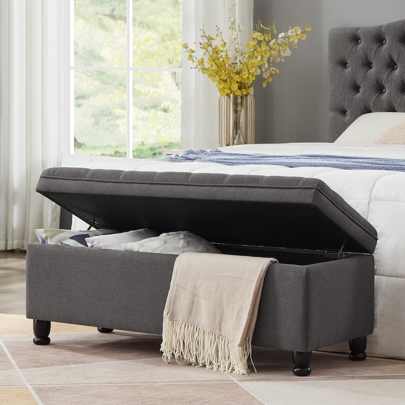 Elegant Linen Fabric Bed Bench, Tufted Button Seat with Spindle Legs - Dark Gray
