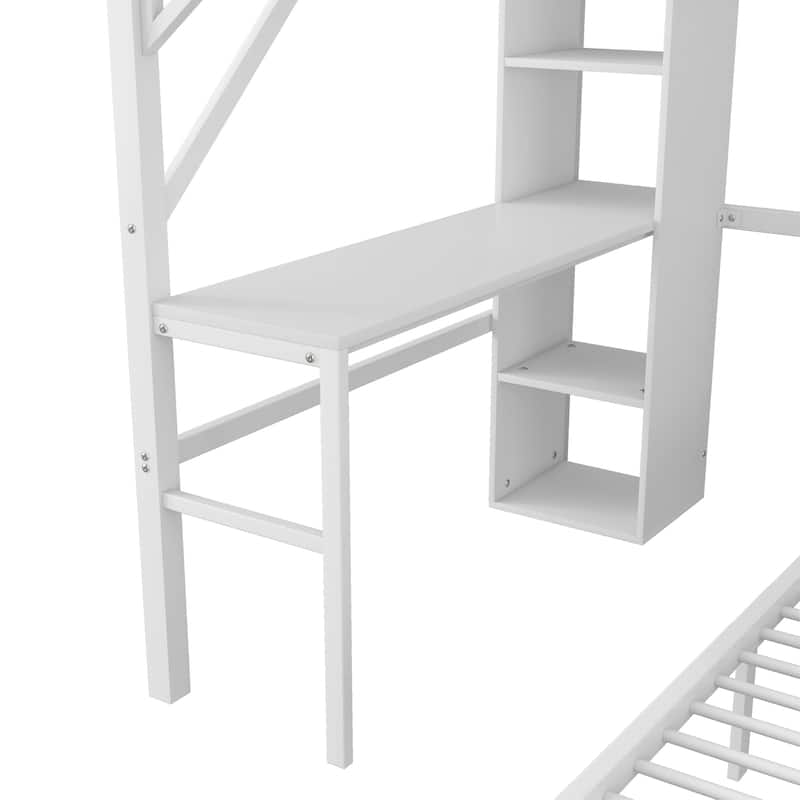 Full over Twin Metal Bunk Bed with Desk and Bookshelves,Detachable Metal Bunk Bed with LED and Charge Station