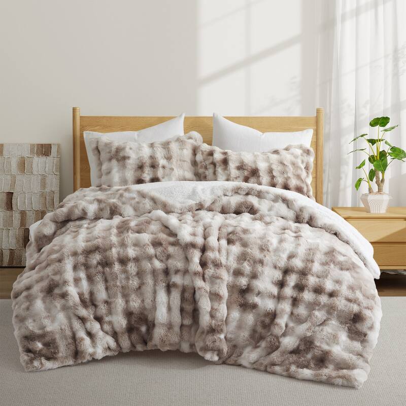 Dual-Side Fluffy Soft Comforter Set, Winter Plush Fuzzy Bedding Set - Rabbit Soft Taupe - Queen