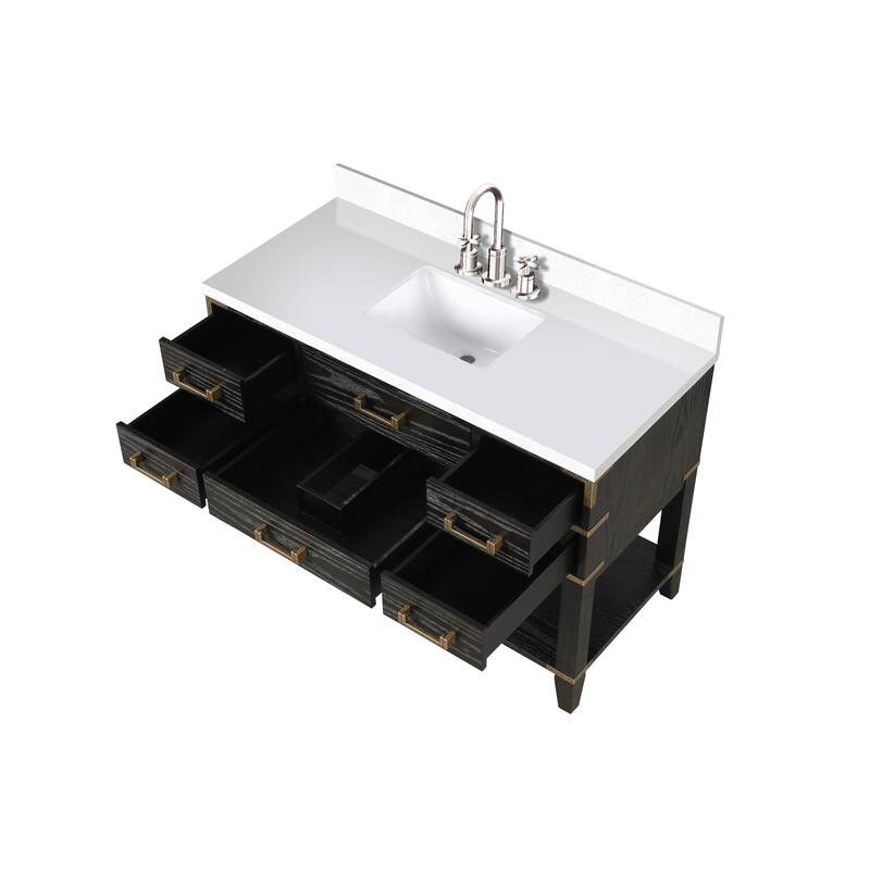 Norwalk 48 in W x 22 in D Black Oak Single Bath Vanity, White Quartz Top, Faucet Set, and 46 in Mirror